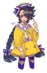  1girl 1other :p androgynous black_hair bow braid buttons coat collared_shirt cropped_legs double-breasted fingernails hair_bow hand_up hat heterochromia highres horizontal_pupils horns long_hair long_sleeves looking_at_viewer middle_finger mismatched_sclera necktie pigeon666 purple_legwear shirt short_necktie simple_background smile solo stitched_arm stitched_face striped striped_bow thigh-highs tongue tongue_out twin_braids violet_eyes white_background white_shirt wing_collar yellow_coat yellow_eyes 
