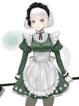  1girl adapted_costume alternate_costume apron aqua_eyes black_neckwear black_ribbon bob_cut breasts broom dress green_dress highres hitodama_print konpaku_youmu konpaku_youmu_(ghost) long_sleeves looking_at_viewer maid_headdress medium_breasts medium_skirt nanasuou neck_ribbon pantyhose puffy_sleeves ribbon short_hair silver_hair simple_background skirt solo touhou waist_apron white_background 