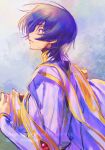  1boy black_hair c_(rahit) code_geass hat holding holding_clothes holding_hat lelouch_lamperouge painting_(medium) short_hair smile solo traditional_media violet_eyes watercolor_(medium) watermark 