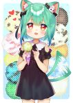  1girl absurdres animal_ear_fluff animal_ears black_bow black_dress black_ribbon blush bow cat_ears cat_tail chocomarybadend collar dress eyebrows_visible_through_hair fang food green_hair green_tail hair_ornament hair_ribbon heart highres hololive ice_cream motion_lines open_mouth red_eyes ribbon short_hair skull_hair_ornament tail tail_wagging uruha_rushia virtual_youtuber white_collar 