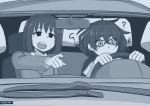  ! !! 2girls ? absurdres accelart ahoge arm_up artist_name bags_under_eyes bangs blind blind_girl_(popopoka) blue_theme borrowed_character car collared_shirt commentary covered_mouth crossover driving english_commentary eyebrows_visible_through_hair ground_vehicle half-closed_eyes hands_up highres jacket jpeg_artifacts long_sleeves messy_hair monochrome motor_vehicle multiple_girls nervous open_mouth original outstretched_arm pointing school_uniform shiny shiny_hair shirt short_hair sidelocks sitting steering_wheel suicidal_girl_(hamsterfragment) suicide teeth upper_body watermark wide-eyed 