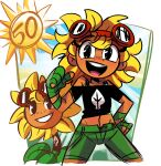  1girl :d absurdres bare_shoulders black_shirt blonde_hair creature_and_personification cropped_legs dark-skinned_female dark_skin eyewear_on_head flower green_shorts hand_wraps highres midriff navel off_shoulder open_mouth peargor personification plants_vs_zombies pointing pointing_at_self shirt shorts smile solar_flare_(plants_vs_zombies_heroes) solo sunflower sunflower_(plants_vs_zombies) sunflower_(plants_vs_zombies)_(peargor) tomboy 