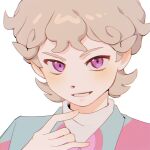  1boy bangs bede_(pokemon) blonde_hair blush commentary_request curly_hair eyelashes fflora hand_up highres korean_commentary looking_at_viewer male_focus pokemon pokemon_(game) pokemon_swsh shirt short_hair simple_background smile solo violet_eyes white_background 