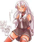  adapted_costume amatsukaze_(kancolle) cosplay elbow_gloves gloves kantai_collection long_hair one-hour_drawing_challenge red_legwear rensouhou-kun samidare_(kancolle) samidare_(kancolle)_(cosplay) shirt simple_background sleeveless sleeveless_shirt thigh-highs thrux white_gloves white_hair yellow_eyes 