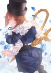  1girl brown_hair capelet frills green_eyes hat heterochromia highres long_sleeves looking_at_viewer looking_back makai_no_juumin open_mouth petals red_eyes rozen_maiden scissors short_hair solo souseiseki 