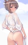 1girl absurdres ass blush brown_hair closed_mouth cowboy_shot embarrassed folded_ponytail from_behind fundoshi headband highres holding holding_towel japanese_clothes looking_at_viewer looking_back love_live! love_live!_sunshine!! nasuno_(nasuno42) solo tan tanline towel violet_eyes watanabe_you wet wet_clothes