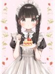  1girl :o absurdres apron black_hair blush braid brown_eyes cake cake_slice eating eyebrows_visible_through_hair food frilled_apron frills highres long_hair looking_at_viewer m_ydayo maid maid_apron maid_headdress open_mouth original short_sleeves signature solo standing twin_braids upper_body 