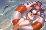  1girl absurdres blue_hair breasts cygames drakhend66 eyewear_on_head fish highres horns long_hair ocean princess_connect! princess_connect!_re:dive rei_(princess_connect!) smile solo swimsuit swimwear violet_eyes wet wet_hair 