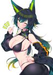  1girl ;) absurdres animal_ears bikini bikini_top black_bikini blush breasts character_request copyright_request detached_sleeves eyebrows_visible_through_hair fingernails gradient_hair green_eyes green_hair green_nails hand_on_hip highres ichi-jirushi large_breasts looking_at_viewer low_twintails multicolored_hair nail_polish one_eye_closed smile solo swimsuit tail thumbs_up twintails virtual_youtuber 