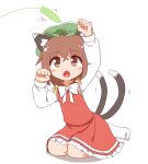  1girl :o animal_ear_fluff animal_ears arms_up blush_stickers bow bowtie brown_eyes brown_hair cat_ears cat_tail cattail chen chestnut_mouth clenched_hands dress fang flat_chest gold_trim hat highres looking_up mob_cap multiple_tails nekomata nihohohi plant red_dress short_hair simple_background sitting solo tail touhou two_tails wariza white_background white_neckwear 
