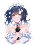  1girl absurdres bangs bare_shoulders black_hair blush breasts brown_eyes closed_mouth collarbone cropped_torso dress eyebrows_visible_through_hair flower gradient_hair grey_hair hair_flower hair_ornament hands_up highres holding holding_microphone looking_at_viewer medium_breasts microphone multicolored_hair nijisanji off-shoulder_dress off_shoulder simple_background smile solo two-handed upper_body white_background white_dress white_flower yamagami_karuta yuki_maccha_(yukimattya10) 