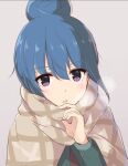  1girl bangs blue_hair breath coat commentary_request eyebrows_visible_through_hair green_coat grey_background hair_bun long_hair long_sleeves looking_at_viewer miyazakit open_mouth portrait shawl shima_rin short_hair simple_background violet_eyes yurucamp 