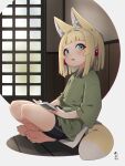  1girl animal_ear_fluff animal_ears bangs barefoot bike_shorts black_shorts blonde_hair blue_eyes blush book commentary_request crossed_legs eyebrows_visible_through_hair fox_ears fox_girl fox_tail full_body green_kimono highres holding holding_book japanese_clothes kimono kuro-chan_(kuro_kosyou) kuro_kosyou on_floor open_book open_mouth original short_eyebrows short_shorts shorts sitting soles solo tail thick_eyebrows wooden_floor 