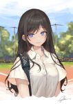  1girl backpack bag black_hair blue_eyes blue_sky closed_mouth collarbone collared_shirt field highres long_hair looking_at_viewer okuma_mai original outdoors shirt short_sleeves signature sketch sky smile solo tree white_shirt 