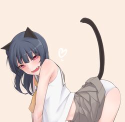  1girl :d animal_ears blue_hair cat_ears cat_tail from_side grey_sailor_collar grey_skirt heart kemonomimi_mode looking_at_viewer looking_to_the_side love_live! love_live!_sunshine!! miniskirt nasuno_(nasuno42) necktie open_mouth panties pleated_skirt sailor_collar school_uniform serafuku shirt skirt smile solo tail tail_raised tsushima_yoshiko underwear white_panties white_shirt yellow_neckwear 