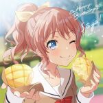 1girl ;) absurdres bang_dream! bangs blue_eyes blurry blurry_background blush bow bread brown_hair closed_mouth dated day eyebrows_visible_through_hair food food_on_face hair_bow hanasakigawa_school_uniform happy_birthday highres holding holding_food long_sleeves looking_at_viewer melon_bread nobusawa_osamu official_art one_eye_closed outdoors ponytail portrait sailor_collar school_uniform serafuku short_hair sidelocks smile solo yamabuki_saaya yellow_bow