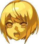  1girl artist_request bangs blonde_hair bob_cut colored_sclera colored_skin disembodied_head face facial_mark gold non-web_source official_art open_mouth pictoria shiny shiny_hair short_hair sidelocks solo teeth towa_kiseki transparent_background triangle virtual_youtuber world_flipper yellow_eyes yellow_sclera yellow_skin yellow_theme 