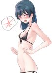  1girl anger_vein bikini black_bikini blush breasts cowboy_shot embarrassed from_side hair_bun highres looking_at_viewer looking_to_the_side love_live! love_live!_sunshine!! lowleg lowleg_bikini medium_hair nasuno_(nasuno42) open_mouth side-tie_bikini simple_background skinny small_breasts solo spoken_anger_vein sweat swimsuit tsushima_yoshiko white_background 