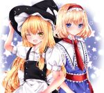  2girls ;d alice_margatroid apron arm_up bangs black_dress black_headwear blonde_hair blue_dress blue_eyes blush bow closed_mouth collared_shirt dress dress_shirt eyebrows_visible_through_hair fang frilled_hairband frills hair_between_eyes hair_bow hairband hand_on_headwear hat kirisame_marisa locked_arms multiple_girls nanase_nao one_eye_closed open_mouth red_hairband red_neckwear shirt sleeveless sleeveless_dress smile starry_background touhou waist_apron white_apron white_bow white_shirt witch_hat yellow_eyes 