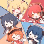  ... :d =_= ahoge animal_ears arknights black_hair black_jacket black_shirt blonde_hair blue_background blue_hair blue_outline chibi cow_horns croissant_(seven_am)_(arknights) dated demon_horns exusiai_(arknights) exusiai_(city_rider)_(arknights) fang food fur-trimmed_hood fur_trim halo headphones holding holding_food hood horns jacket long_hair mostima_(arknights) mouth_hold multicolored_hair official_alternate_costume open_mouth orange_background orange_hair orange_outline outline pocky ponytail red_background red_eyes red_neckwear redhead renren shirt short_hair skin_fang smile sora_(arknights) speech_bubble spoken_ellipsis sweatdrop takoyaki texas_(arknights) texas_(winter_messenger)_(arknights) the_emperor_(arknights) two-tone_hair visor_cap weibo_username white_jacket white_shirt wolf_ears yellow_background yellow_eyes yellow_outline 