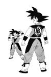  1boy adapted_costume ankle_strap armpit_crease arms_at_sides arms_up bare_arms black_eyes black_footwear black_hair clenched_hands clenched_teeth closed_mouth clothes_writing collarbone dougi dragon_ball from_behind full_body grin happy highres legs_apart looking_at_viewer looking_back looking_to_the_side male_focus monochrome multiple_views pants_tucked_in profile shoes simple_background smile son_goku spiky_hair standing teeth toriyama_akira white_background wristband 