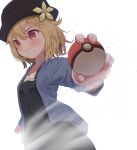  1girl bangs black_dress black_headwear blonde_hair blue_jacket blush breasts character_request closed_mouth commentary_request dress eyebrows_behind_hair flower foreshortening hair_between_eyes hat hat_flower holding holding_poke_ball jacket mimikaki_(men_bow) open_clothes open_jacket poke_ball poke_ball_(basic) pokemon red_eyes shirt short_hair simple_background small_breasts smile solo v-shaped_eyebrows white_background white_shirt yellow_flower 