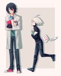  2boys ahoge android black_footwear black_gloves black_hair black_pants black_sweater book book_hug cheer_(cheerkitty14) dangan_ronpa_(series) dangan_ronpa_v3:_killing_harmony english_commentary from_side full_body glasses gloves green_shirt grey_background highres holding holding_book keebo long_sleeves looking_at_another male_focus multiple_boys number open_mouth pants paper professor_(cheer) red_footwear shirt shoes short_hair smile sweater walking white_background white_hair 
