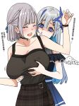  2girls ^_^ ^o^ amane_kanata bangs bare_shoulders blue_eyes blunt_bangs breast_envy breasts chinese_text choker closed_eyes eyebrows_visible_through_hair grey_hair groping h2o_(ddks2923) halo highres hololive large_breasts long_hair multiple_girls shirogane_noel short_hair simple_background skirt tears translated virtual_youtuber white_background 