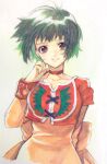  1girl back_bow bow breasts brown_eyes choker cropped_jacket dress farah_oersted green_hair highres looking_at_viewer murata_tefu orange_dress red_choker short_hair simple_background smile solo tales_of_(series) tales_of_eternia 