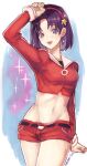  1girl asamiya_athena breasts earrings hair_ornament hairband highres jewelry looking_at_viewer murata_tefu open_mouth purple_hair red_hairband short_hair smile solo star_(symbol) star_hair_ornament the_king_of_fighters violet_eyes 