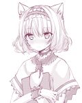  1girl alice_margatroid animal_ear_fluff animal_ears bangs blush book capelet cat_ears closed_mouth eyebrows_visible_through_hair frilled_hairband frills hair_between_eyes hairband holding holding_book looking_at_viewer monochrome nanase_nao simple_background solo sweat touhou upper_body white_background wrist_cuffs 