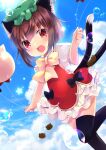  1girl :d animal_ears balloon blush bow bowtie brown_hair bubble cat_ears cat_tail chen clouds cloudy_sky commentary_request dress dutch_angle eyebrows_behind_hair feet_out_of_frame frills gold_trim hat highres holding holding_balloon looking_at_viewer mob_cap multiple_tails natsu_dora nekomata open_mouth outdoors puffy_short_sleeves puffy_sleeves red_dress red_eyes running short_hair short_sleeves sky smile solo sparkle tail thigh-highs touhou two_tails yellow_neckwear 