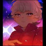  1boy bangs bede_(pokemon) closed_mouth coat curly_hair eyelashes fflora grey_hair hand_up looking_to_the_side male_focus pokemon pokemon_(game) pokemon_swsh popped_collar red_coat short_hair solo symbol_commentary upper_body violet_eyes 