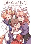  3girls :d absurdres animal_ear_fluff animal_ears bangs blonde_hair bow brown_hair cat_ears cat_tail chen commentary_request dress elbow_gloves eyebrows_visible_through_hair eyes_visible_through_hair fang fingernails girl_sandwich gloves gokuu_(acoloredpencil) hair_between_eyes hat highres long_fingernails long_sleeves looking_at_viewer mob_cap multiple_girls multiple_tails open_mouth puffy_short_sleeves puffy_sleeves purple_dress red_bow red_skirt red_vest sandwiched short_hair short_sleeves skin_fang skirt slit_pupils smile tail touhou two_tails vest violet_eyes white_gloves wide_sleeves yakumo_ran yakumo_yukari yellow_eyes 