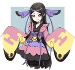  1girl bangs black_hair black_legwear choker closed_mouth collarbone commentary_request gym_leader hair_ornament highres japanese_clothes korean_commentary long_hair long_sleeves looking_at_viewer parted_bangs pokemon pokemon_(game) pokemon_xy purple_choker purple_ribbon ribbon rnehrdyd1212 sash smile solo sparkle valerie_(pokemon) 