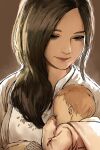  2girls artist_name baby backlighting brown_background brown_hair haraya_manawari highres light_brown_hair mia_winters mother_and_daughter multiple_girls parent_and_child red_lips resident_evil resident_evil_village rosemary_winters signature upper_body 