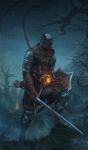  1boy absurdres armor arrow_(projectile) bare_tree belt bonfire_(dark_souls) boots bow_(weapon) brown_gloves chosen_undead commentary dagger dark_souls english_commentary estus_flask full_armor gloves greaves helmet highres holding holding_shield holding_sword holding_weapon knee_up male_focus manuel_castanon metal_boots pauldrons quiver scabbard sheath shield shoulder_armor solo souls_(from_software) standing sword tree weapon weapon_on_back 