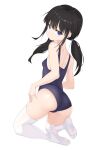  1girl absurdres ass avant_garde_(artist) black_hair blue_eyes blue_swimsuit breasts feet from_behind full_body highres kneeling legs long_hair looking_back one-piece_swimsuit original school_swimsuit see-through simple_background small_breasts soles solo swimsuit thigh-highs thighs toes twintails white_background white_legwear 