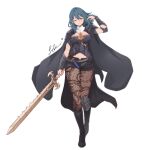  1girl absurdres armor artist_name bangs black_footwear black_shorts blue_hair boots breasts byleth_(fire_emblem) byleth_eisner_(female) closed_eyes closed_mouth clothing_cutout commentary dagger elbow_pads fire_emblem fire_emblem:_three_houses full_body hand_up highres holding holding_sword holding_weapon knee_pads large_breasts lips long_hair navel_cutout pantyhose senacolada sheath sheathed short_shorts shorts signature simple_background solo sword sword_of_the_creator weapon white_background 