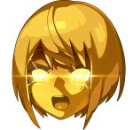  1girl artist_request bangs blonde_hair bob_cut colored_sclera colored_skin disembodied_head face facial_mark glowing glowing_eyes gold non-web_source official_art open_mouth pictoria shiny shiny_hair short_hair sidelocks solo teeth towa_kiseki transparent_background triangle virtual_youtuber world_flipper yellow_eyes yellow_sclera yellow_skin yellow_theme 