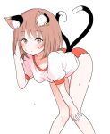  1girl :o animal_ear_fluff animal_ears bent_over blush breasts brown_eyes brown_hair buruma cat_ears cat_tail chen collarbone commentary_request feet_out_of_frame hand_up knees_together_feet_apart looking_at_viewer multiple_tails nekomata no_hat no_headwear red_buruma shiisuu_rattamu shirt short_hair simple_background small_breasts solo standing sweat tail touhou two_tails white_background white_shirt 