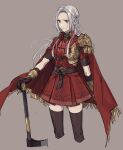  1girl blonde_hair breasts cape closed_mouth cravat dress edelgard_von_hresvelg fire_emblem fire_emblem:_three_houses gloves hair_ornament hair_ribbon highres long_hair long_sleeves looking_at_viewer nanao_parakeet red_cape ribbon simple_background skirt smile solo sword thigh-highs violet_eyes weapon white_hair 