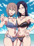  2girls bikini black_bikini blue_bikini brown_hair choker clouds double_bikini green_eyes hands_on_own_chest highres idolmaster idolmaster_cinderella_girls kimura_natsuki long_hair mukai_takumi multiple_girls ocean open_mouth short_hair sky smile swimsuit tyotyotyori 