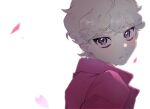  1boy ahoge bangs bede_(pokemon) blonde_hair blurry blush closed_mouth coat curly_hair fflora looking_at_viewer looking_back male_focus pokemon pokemon_(game) pokemon_swsh popped_collar purple_coat short_hair solo symbol_commentary upper_body violet_eyes watery_eyes white_background 