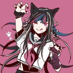  :q animal_ears black_hair black_nails blue_hair cat_ears claw_pose claws dangan_ronpa_(series) dangan_ronpa_2:_goodbye_despair detached_sleeves hair_dye kiri_(2htkz) mioda_ibuki nail nail_polish pink_hair school_uniform slit_pupils source_request tongue tongue_out wavy_hair whisker_markings white_hair 