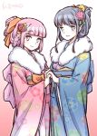  2girls artist_name blue_hair braid flower fur_collar hair_flower hair_ornament hair_up holding_hands japanese_clothes kimono magia_record:_mahou_shoujo_madoka_magica_gaiden mahou_shoujo_madoka_magica multiple_girls nanami_yachiyo obi pink_hair sash smile studiozombie tamaki_iroha yukata yuri 