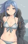  1girl bikini blue_bikini blue_eyes blue_hair blue_theme bow breasts closed_mouth collarbone cowboy_shot expressionless eyebrows_visible_through_hair front-tie_bikini front-tie_top fur_trim hands_in_pockets highres hood jacket klem looking_at_viewer medium_breasts medium_hair navel open_clothes open_jacket original outdoors sidelocks solo standing swimsuit 