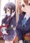  2girls bangs black_hair blue_jacket blue_ribbon blurry blurry_foreground blush brown_eyes brown_hair collared_shirt commentary electric_guitar from_side grey_skirt guitar hair_between_eyes hair_ornament hairclip highres hirasawa_yui holding holding_instrument instrument jacket k-on! long_hair looking_afar looking_at_viewer multiple_girls nakano_azusa neck_ribbon red_ribbon ribbon sakuragaoka_high_school_uniform school_uniform shirt short_hair skirt smile twintails ukiwakisen white_shirt window 