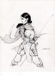  1girl absurdres armor boots breastplate closed_mouth commentary dagger english_commentary faulds floating_hair floating_scarf full_armor gauntlets greyscale highres holding holding_sword holding_weapon ink_(medium) inktober long_hair manuel_castanon monochrome original pants pauldrons pelvic_curtain ponytail scabbard scan scarf sheath shoulder_armor simple_background solo sword traditional_media two-handed unsheathed weapon white_background 