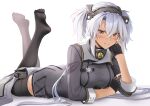  1girl absurdres black_legwear blush breasts brown_eyes collar commentary_request full_body gloves grey_jacket grey_skirt grin hair_between_eyes headgear highres jacket kantai_collection large_breasts looking_at_viewer lying metal_collar musashi_(kancolle) no_shoes on_stomach parted_lips partially_fingerless_gloves pleated_skirt remodel_(kantai_collection) short_hair_with_long_locks silver_hair simple_background skirt smile solo thigh-highs twintails white_background yunamaro 